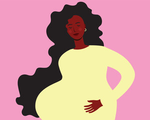 Natural african pregnant woman, flat vector stock illustration