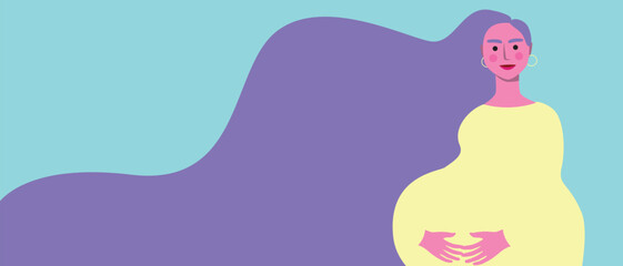 Pregnant woman with long hair, reproduction concept as copy space template for design, flat vector stock illustration