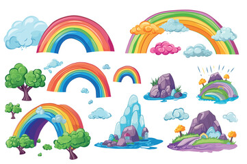 Fototapeta na wymiar Artichelen rainbow set. Colorful cartoon illustration featuring a delightful set of flat-design rainbows, creatively designed and adding a whimsical touch to the scene. Vector illustration.