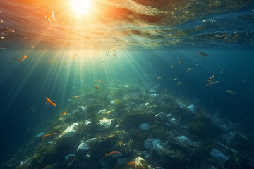 Fototapeta na wymiar Plastic waste deep in the ocean underwater