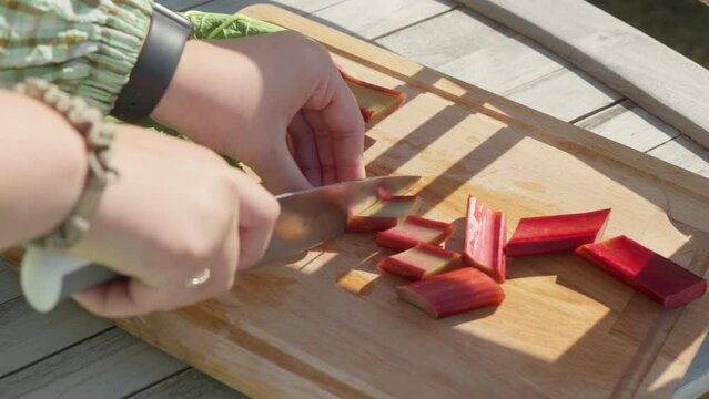 ow Motion Footage of Woman Cutting Fresh Rhubarb with Knife