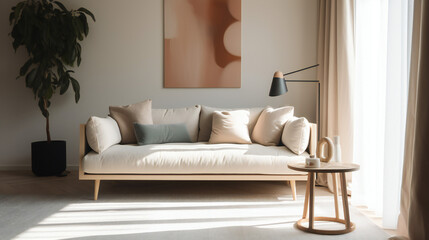 Stylish Interior with an Abstract Mockup Frame Poster, Modern interior design, 3D render, 3D illustration