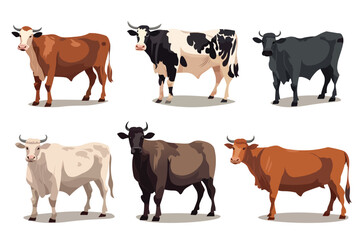 Cow set. Cheerful cartoon illustration showcasing a delightful set of flat-design cows, creatively designed with adorable expressions and whimsical patterns. Vector illustration.