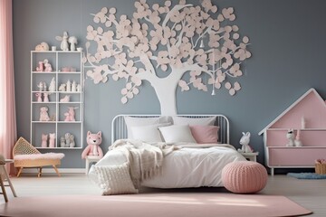 A Serene White Child's Bedroom Adorned with a Pink Tree, Generative AI