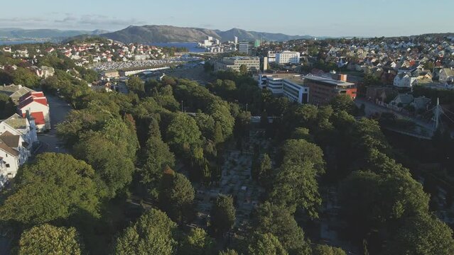 Flying over Lagard Gravlund toward the water in Stavanger Norway
