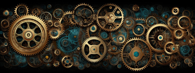 clock background, generative, ai, machine, mechanical, green, blue, gold