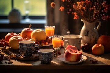 A rustic table setting with autumn-themed decor, including pumpkins, apples, colorful leaves, and warm beverages, evoking the cozy ambiance of the season. Generative AI