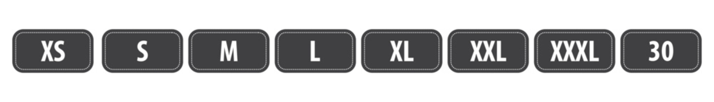 Clothing label size collection. Different size bundles icons set. Labels from extra small to extra large - stock vector