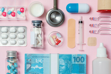 Healtcare and medicine industry flat lay, Brazilian real