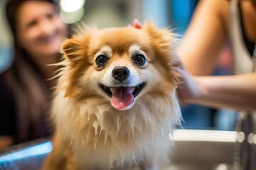 Spirited Small Dog in High-Definition Pet Grooming Salon