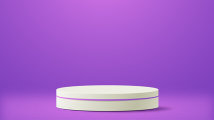 Realistic 3d cylinder pedestal podium on violet background. Pastel minimal scene. Stage for showcase, Product display