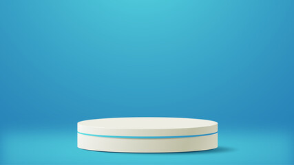 Realistic 3d cylinder pedestal podium on blue background. Pastel minimal scene. Stage for showcase, Product display