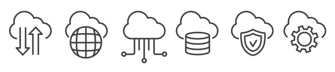 Cloud computing, technology and on-demand availability vector thin line icon collection on white background