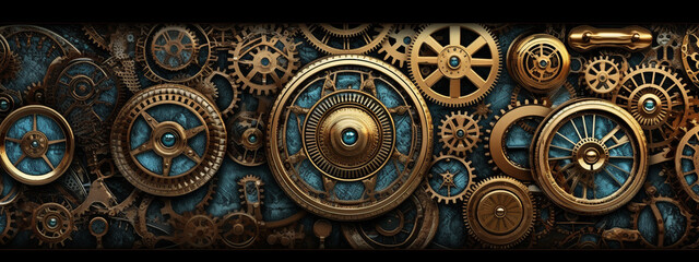 clock background, generative, ai, machine, mechanical, green, blue, gold