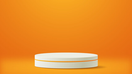 Realistic 3d cylinder pedestal podium on orange background. Pastel minimal scene. Stage for showcase, Product display