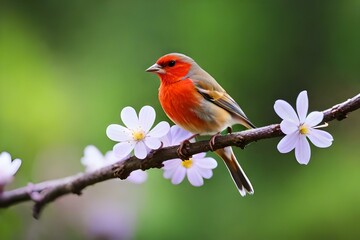 A tiny finch on a branch with spring flowers 