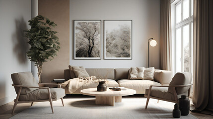 Naklejka na ściany i meble Stylish Interior with an Abstract Mockup Frame Poster, Modern interior design, 3D render, 3D illustration