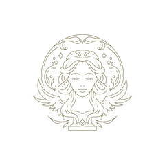 Mystic woman bust with wings abstract floral line minimal logo for beauty salon vector illustration