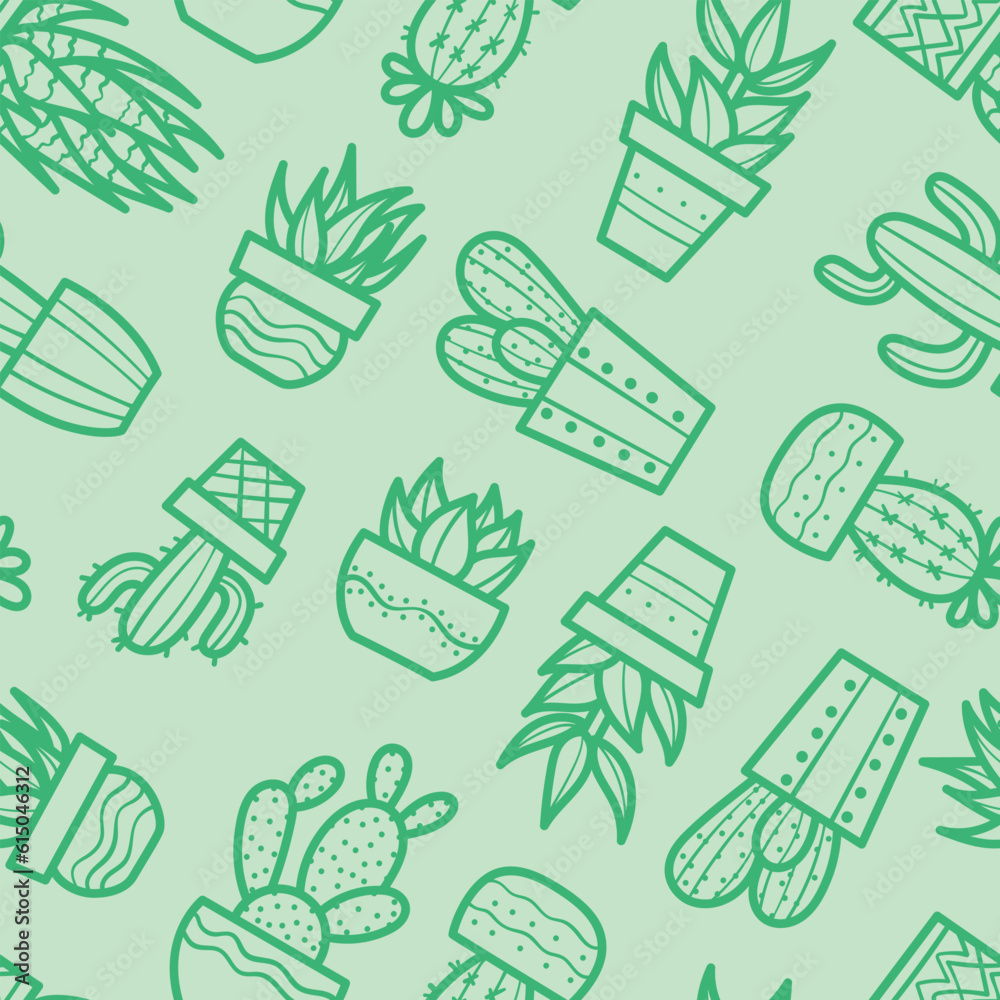 Poster seamless cactus vector pattern, green repeating backgorund with hand drawn house plants