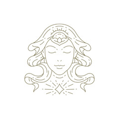 Sacred spiritual woman face with bright star curly hair minimal line beauty salon logo vector