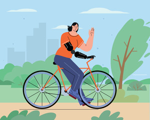 World disabled day. International Day of Persons with Disabilities. A happy woman with prosthetic hands leads an active lifestyle, riding a bike in the park. for web, infographics, mobile. . Vector