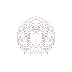 Magic spiritual beauty woman portrait floral ornate line minimal logo for makeup skin care vector