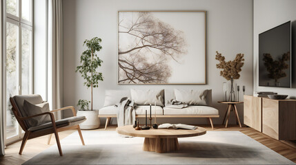 Stylish Interior with an Abstract Mockup Frame Poster, Modern interior design, 3D render, 3D illustration