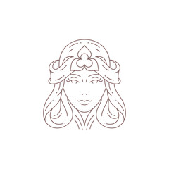 Beautiful magic woman portrait flower hairstyle minimal line logo for hairdresser stylist vector