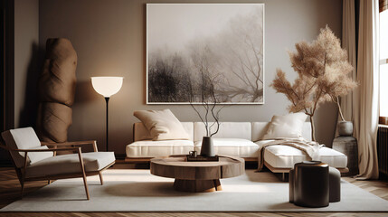Stylish Interior with an Abstract Mockup Frame Poster, Modern interior design, 3D render, 3D illustration