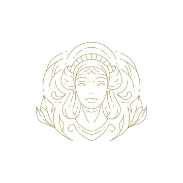 Beautiful glamour woman portrait floral curved ornate minimal line logo for spa wellness shop vector