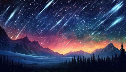 AI Generated. AI Generative. Night sky shooting stars. Astrology galaxy falling universe vibe view. Graphic Art
