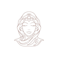 Magic woman in headscarf with sacred flower portrait minimal line logo for relax meditation vector