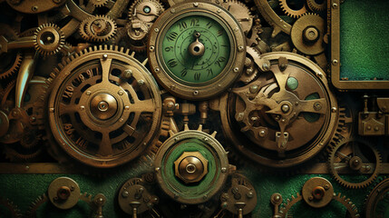 clock background, generative, ai, machine, mechanical, green, blue, gold