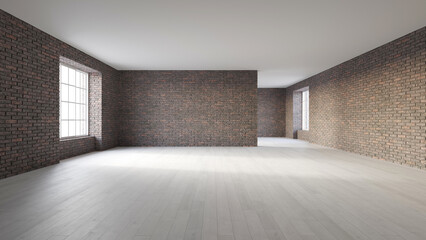 Large modern empty interior with brown brick walls, white wooden floor and big windows. Living room or office empty space, mock up template for product display