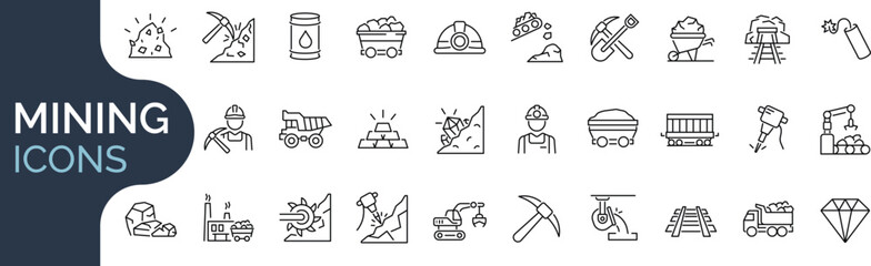 Set of outline icons related mining, coal, industry. Editable stroke. Vector illustration.  - obrazy, fototapety, plakaty
