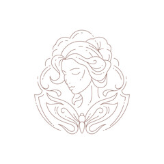 Gentle magic young woman head with butterfly flower ornate minimal line logo vector