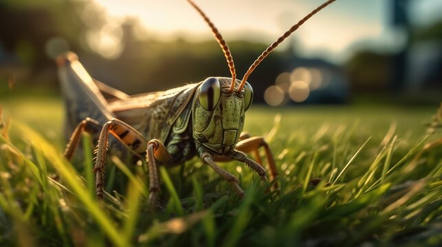 grasshopper sitting on grass HD 8K wallpaper Stock Photographic Image