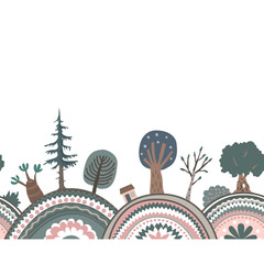 Horizontal nursery seamless doodle background with textured hills and doodle trees. Cartoon hand drawn vector border illustration of summer, spring or autumn landscape.