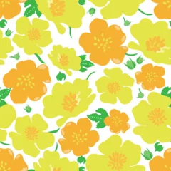 Keuken spatwand met foto White Buttercup flowers seamless vector pattern. Yellow, and orange buttercups summer floral pattern. Buttercup flowers with leaves and blossoms vector background. © ElifEmilie
