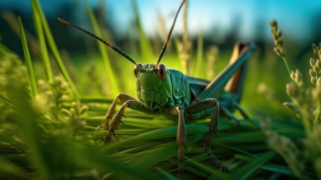 grasshopper on the grass HD 8K wallpaper Stock Photographic Image
