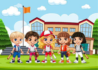 Obraz na płótnie Canvas Girls in Baseball Outfits at School Scene