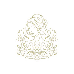 Bohemian woman portrait with floral blossom leaves minimal fashion line logo for skin care vector