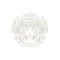 Mystic dream woman portrait blossom floral decor minimal golden line logo beauty salon vector