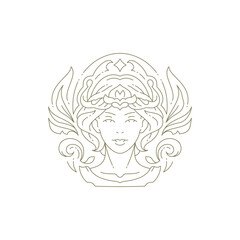 Mystic dream woman portrait blossom floral decor minimal golden line logo beauty salon vector