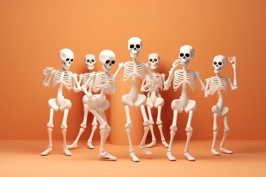 Funny group of dancing  cartoon skeletons. Halloween party invitation card. AI generative