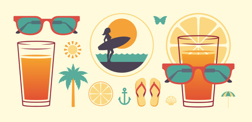 Summer retro clipart set lifestyle travel vacation badge sticker 80s logo t shirt print vector flat