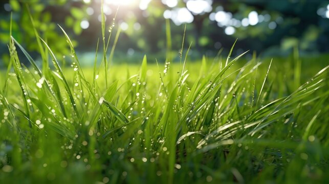 green grass with dew drops HD 8K wallpaper Stock Photographic Image