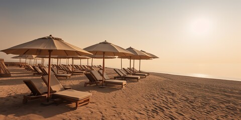 AI Generated. AI Generative. Dubai Maldives resort relax vacation trip adventure chill relax beach island resort lounges with umbrella at water line. Graphic Art