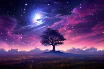 Dark blue indigo sky meets purple cosmic sky under the spell of a starry night sky, a dreamy escape, small tree Generative AI