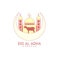 Eid al adha design with goat and a mosque, crescent moon